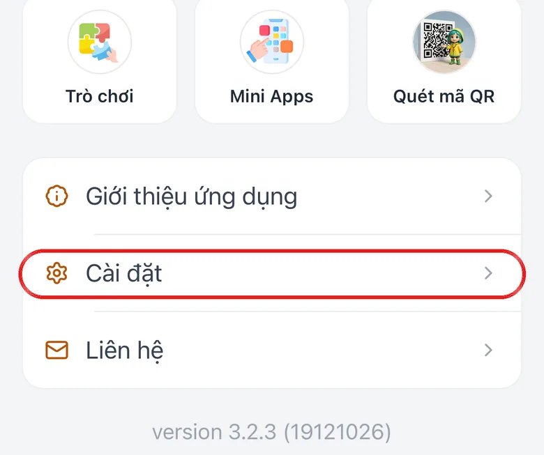 Cuối thẻ Danh mục với dòng «Cài đặt» được khoanh đỏ