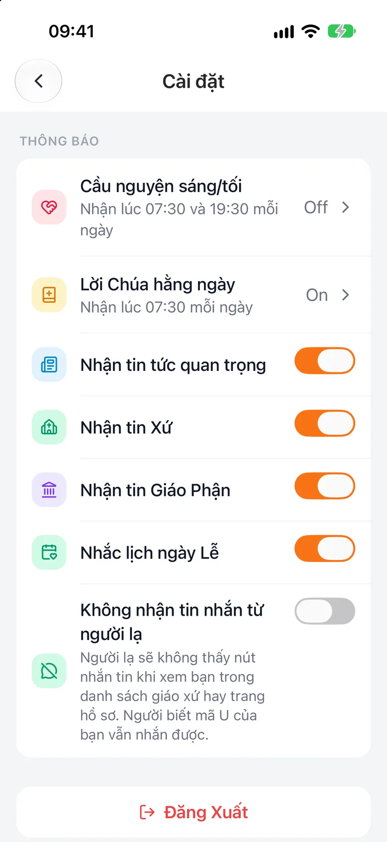Nhóm Thông báo với các công tắc Cầu nguyện sáng/tối, Lời Chúa hằng ngày, Nhận tin Xứ, Nhận tin Giáo Phận