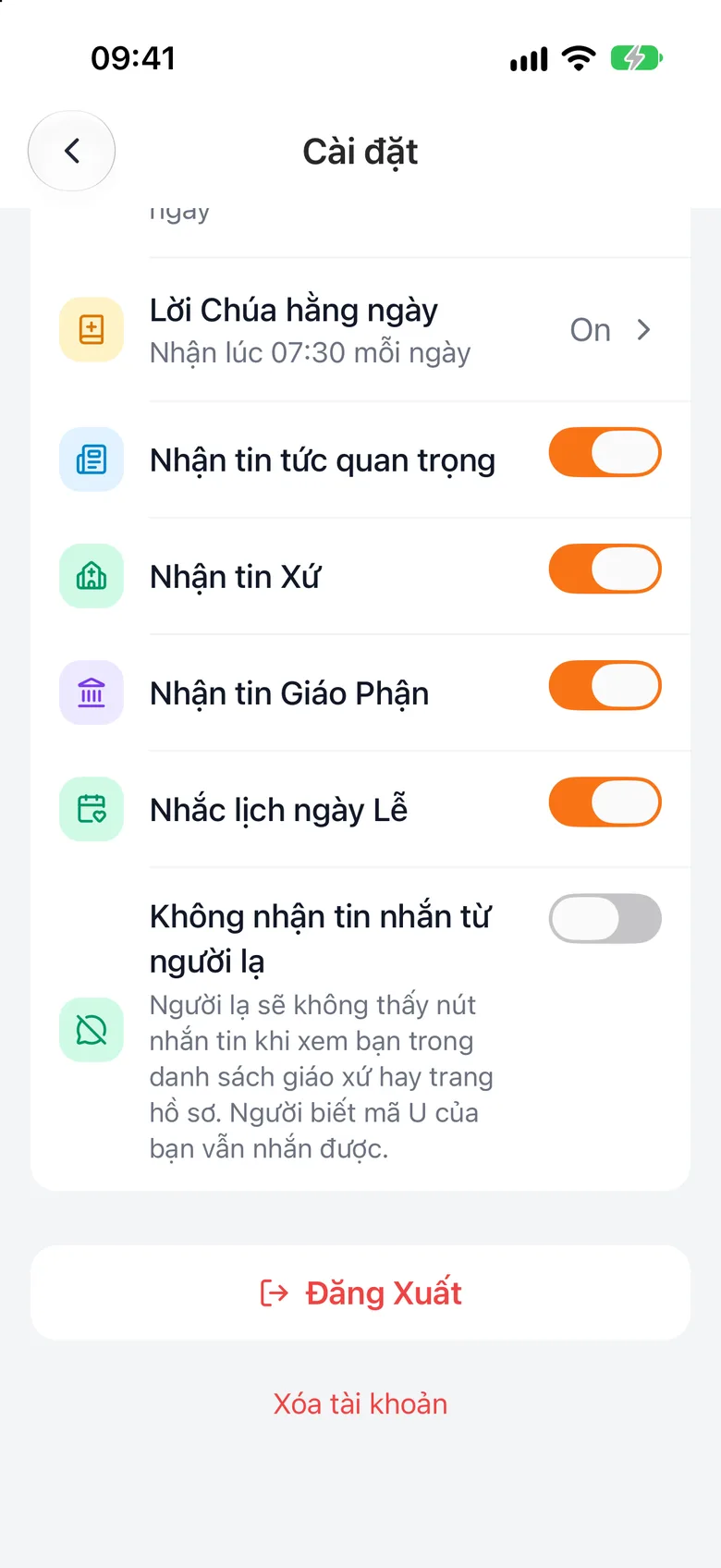 Cuối màn hình Cài đặt với nút «Đăng Xuất» màu đỏ và dòng «Xóa tài khoản»