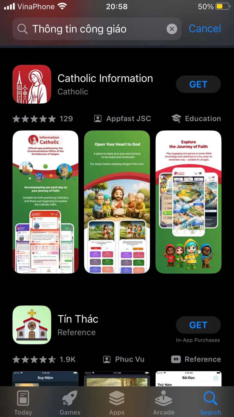 Kết quả tìm «Thông Tin Công Giáo» trên App Store, ứng dụng có biểu tượng màu đỏ hình Đức Mẹ