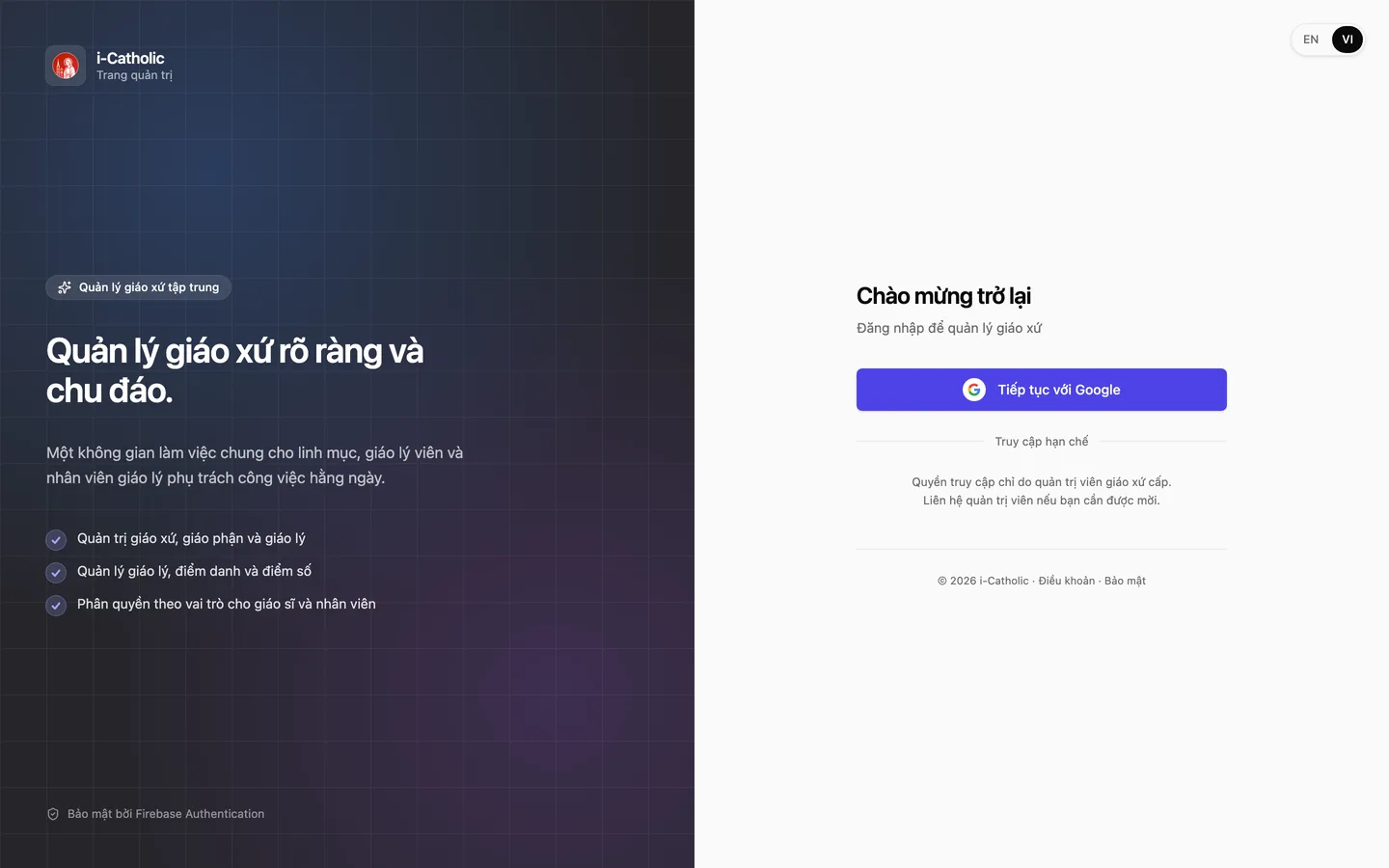 Trang đăng nhập của trang quản trị với nút «Tiếp tục với Google»