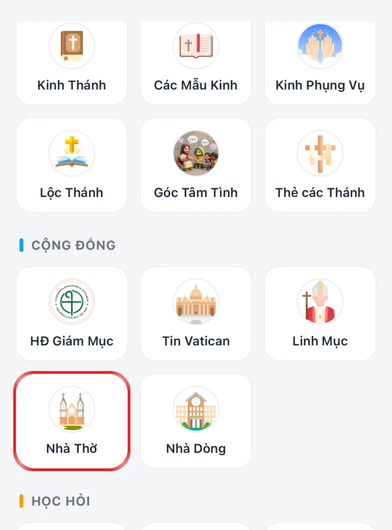 Thẻ Danh mục, nhóm Cộng đoàn với ô «Nhà Thờ» được khoanh đỏ