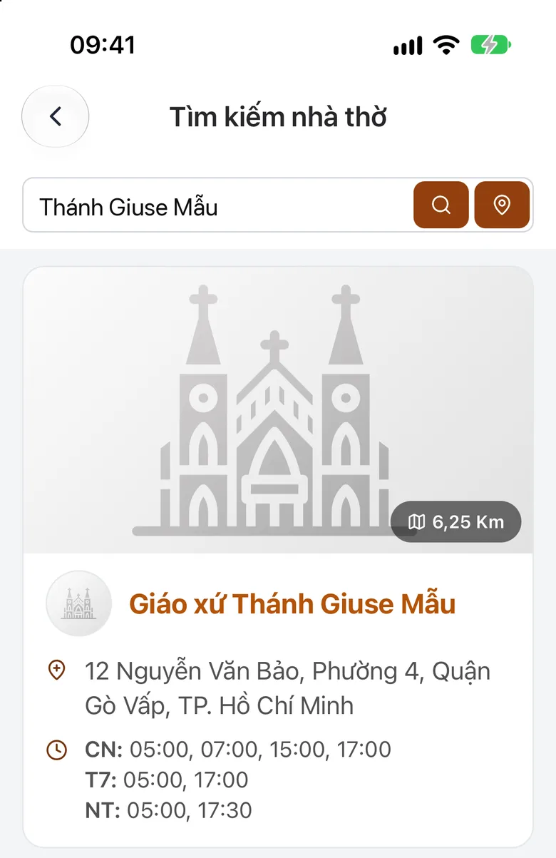 Màn hình Tìm kiếm nhà thờ với tên giáo xứ đã gõ trong ô tìm kiếm và kết quả bên dưới