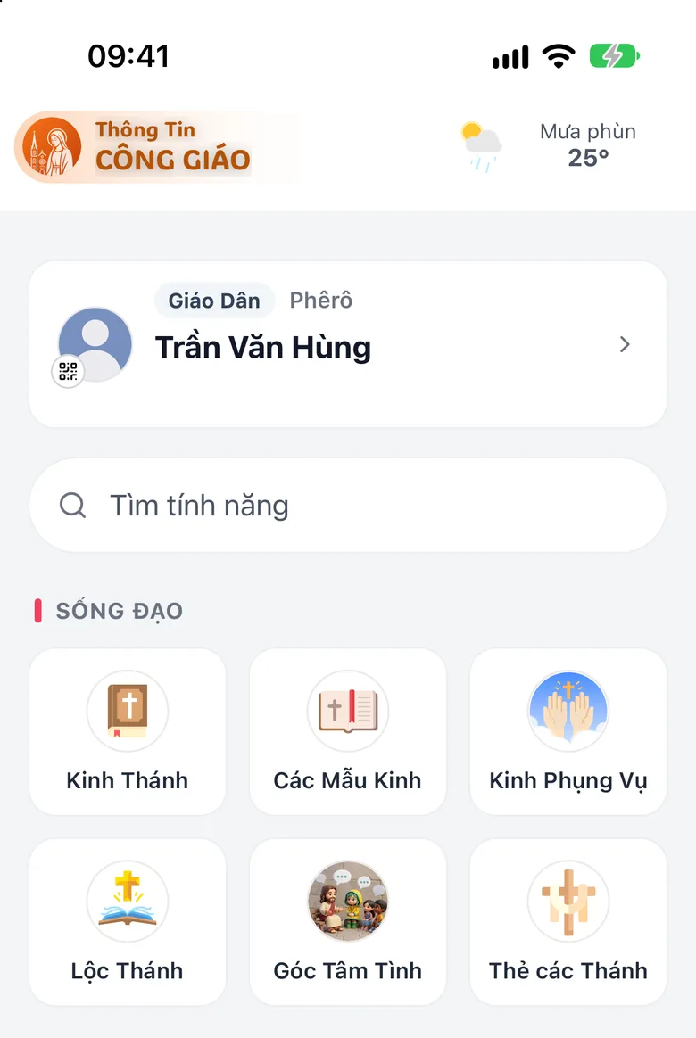 Thẻ Danh mục đã đăng nhập: dòng tên bạn ở đầu, ô «Tìm tính năng» và các nhóm tính năng bên dưới