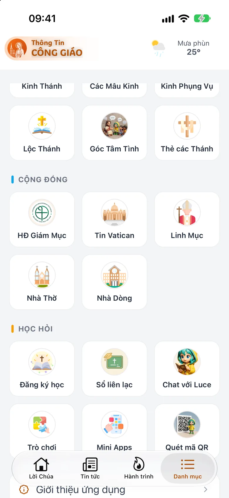 Các nhóm Sống đạo, Học hỏi, Cộng đoàn với các ô như Kinh Thánh, Lộc Thánh, Trò chơi, Nhà Thờ, Linh Mục