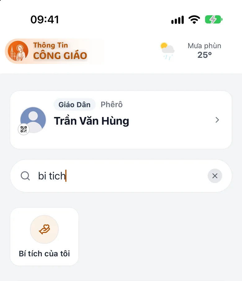 Ô Tìm tính năng với chữ «bi tich» đã gõ và kết quả «Bí tích của tôi» bên dưới