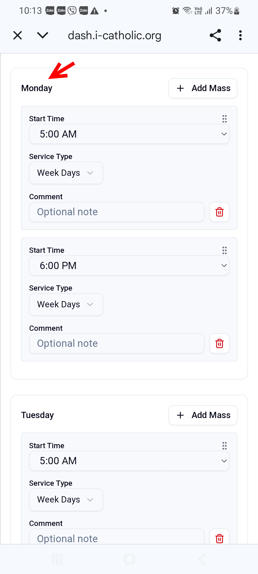 Phần cài đặt Monday