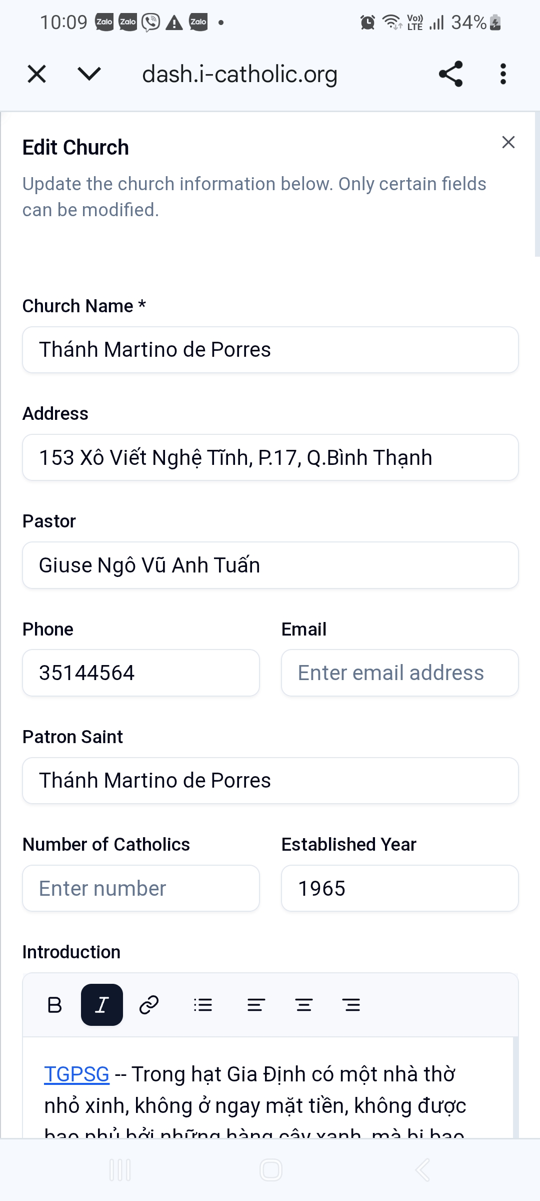 Trang quản trị thông tin Nhà Thờ