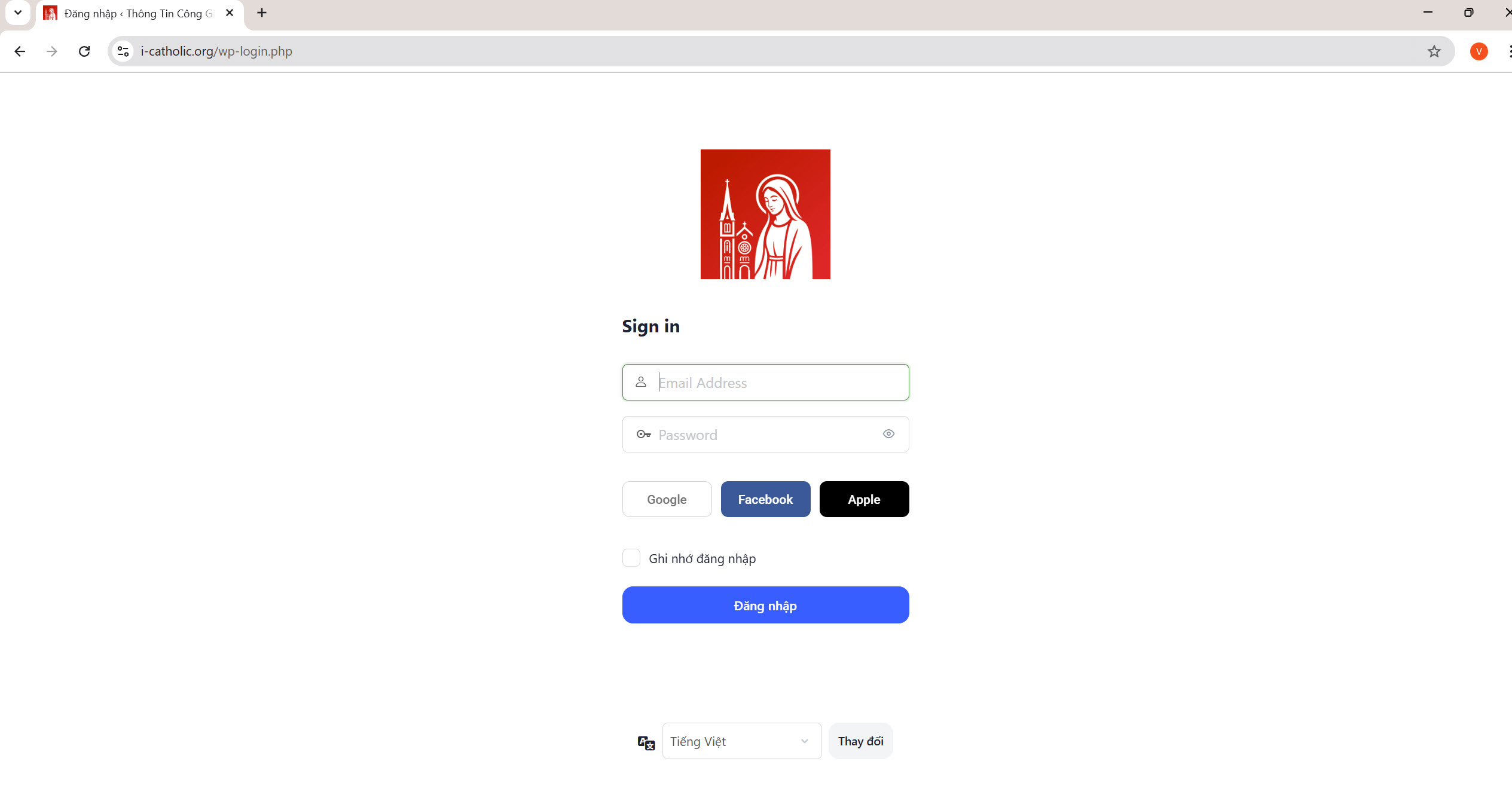 Màn hình đăng nhập i-catholic.org