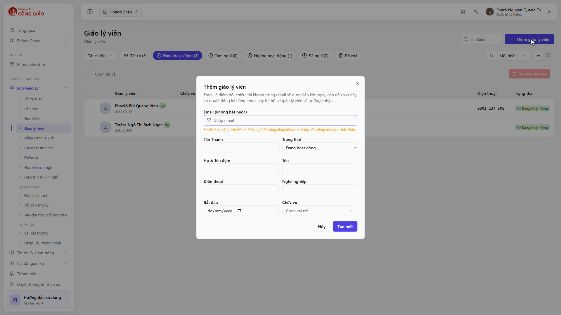 Biểu mẫu Thêm giáo lý viên với các ô Email, Tên Thánh, Họ và Tên, Điện thoại, Chức vụ