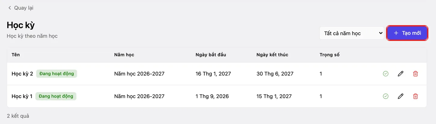 Danh sách «Học kỳ» với các cột «Tên», «Năm học», «Ngày bắt đầu», «Ngày kết thúc», «Trọng số» và nút «Tạo mới»