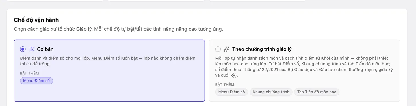Thẻ «Chế độ vận hành» với hai lựa chọn «Cơ bản» và «Theo chương trình giáo lý»