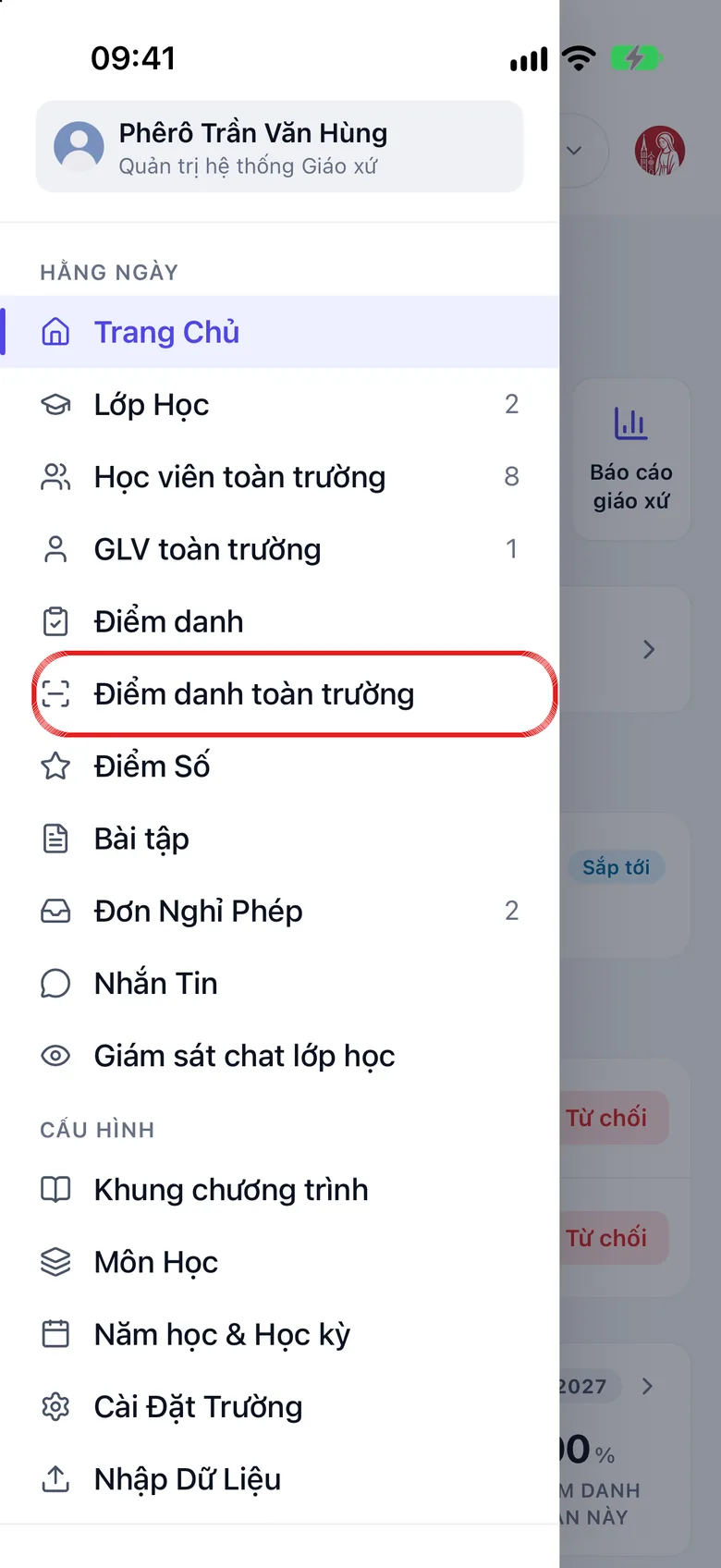 Danh mục bên trái của Lớp Giáo Lý, dòng Điểm danh toàn trường được khoanh