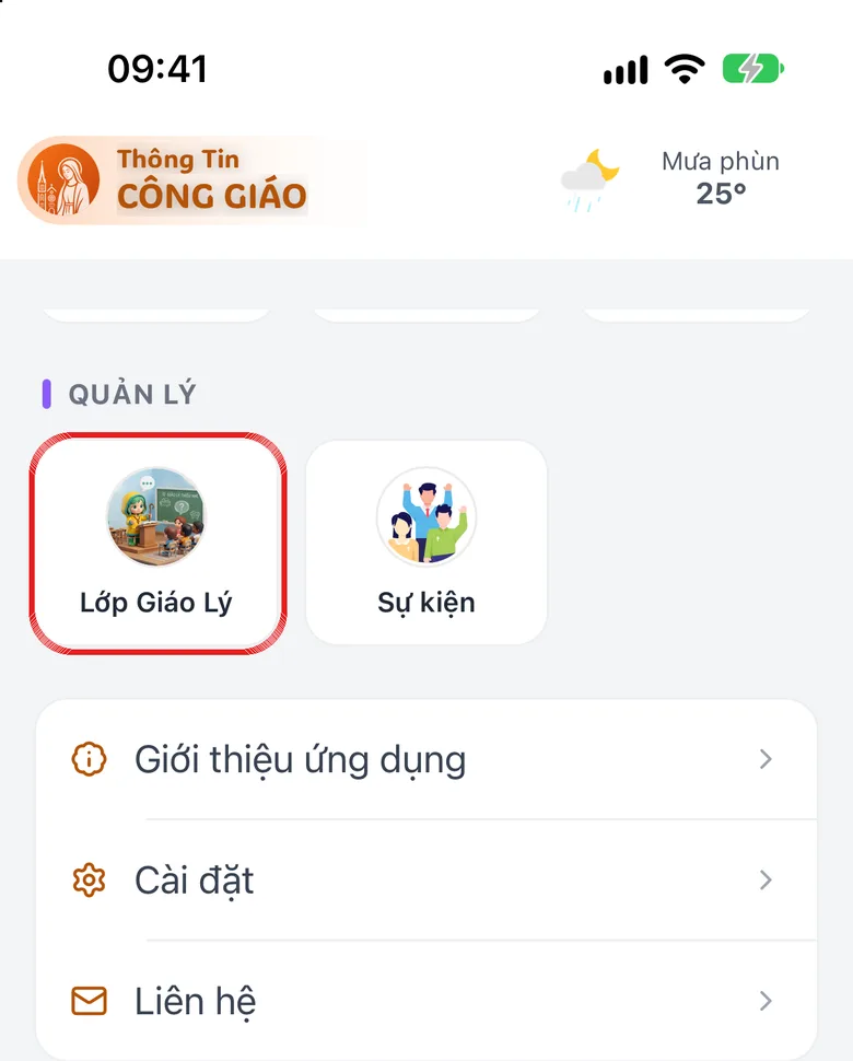 Trang Danh mục của ứng dụng, ô Lớp Giáo Lý được khoanh