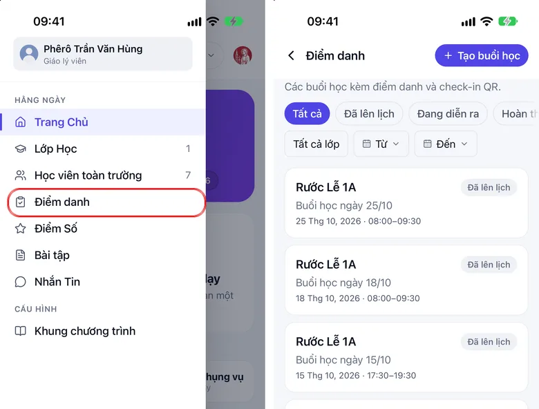 Danh mục bên trái của Lớp Giáo Lý có dòng Điểm danh, bên cạnh là danh sách buổi học