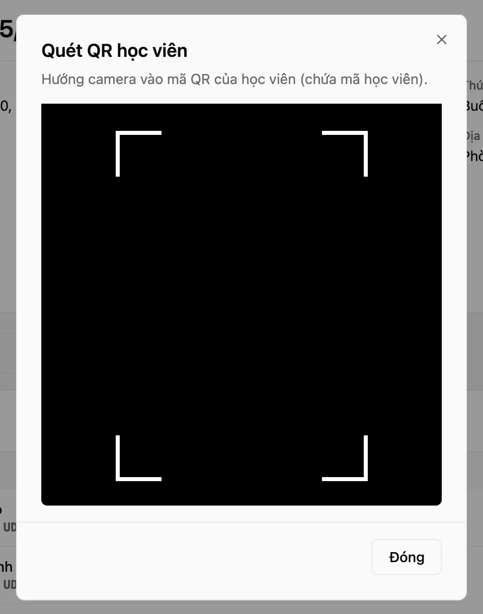 Hộp thoại Quét QR học viên với khung camera