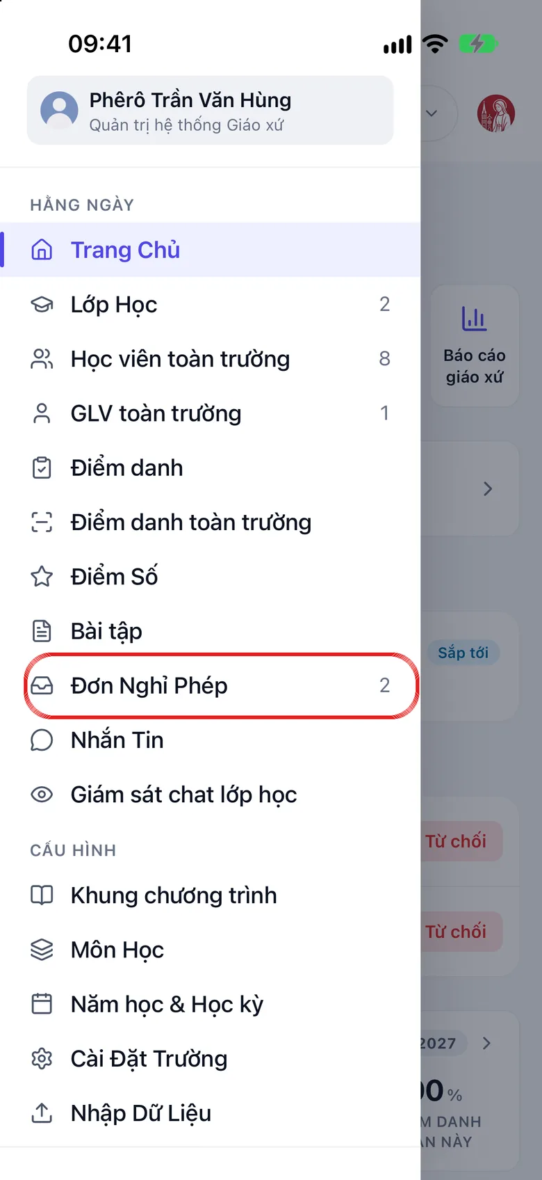 Danh mục bên trái của Lớp Giáo Lý, dòng Đơn Nghỉ Phép được khoanh