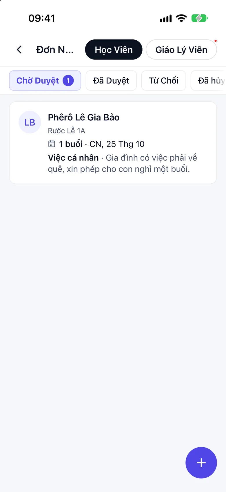 Màn Đơn Nghỉ Phép với hai thẻ Học Viên và Giáo Lý Viên, danh sách đơn chờ duyệt