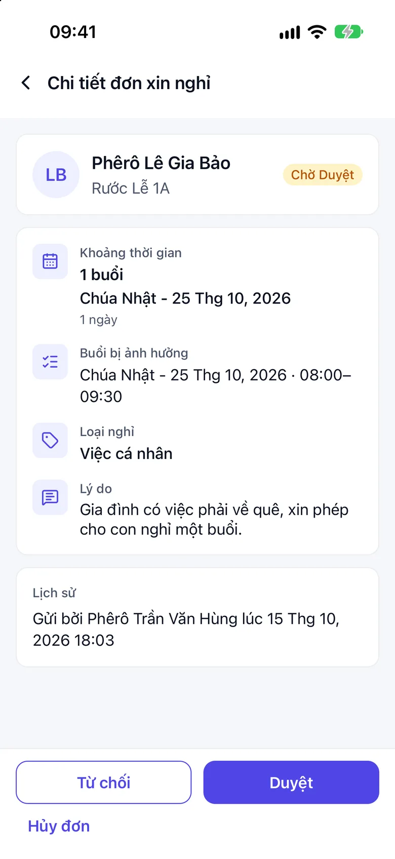 Chi tiết đơn xin nghỉ: học viên, ngày nghỉ, lý do và danh sách Buổi bị ảnh hưởng