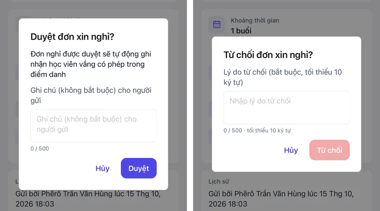 Hộp Duyệt đơn xin nghỉ với ô ghi chú và nút Duyệt; hộp Từ chối với ô Lý do từ chối