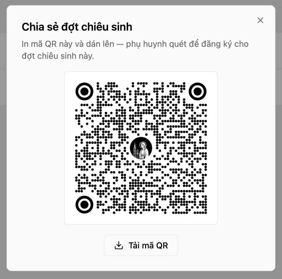 Hộp «Chia sẻ đợt chiêu sinh» hiện «Mã QR đăng ký» và nút «Tải mã QR»