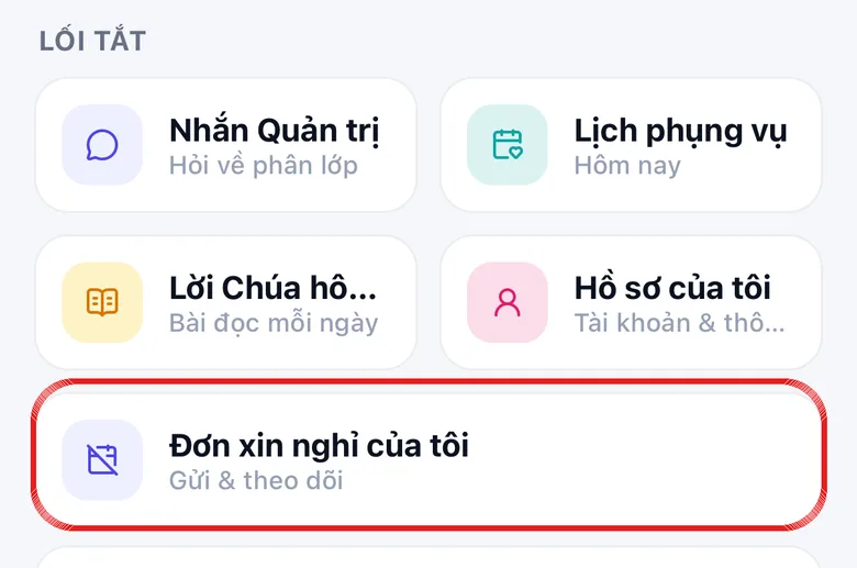 Trang chủ Lớp Giáo Lý của giáo lý viên, mục Lối tắt có ô Đơn xin nghỉ của tôi được khoanh