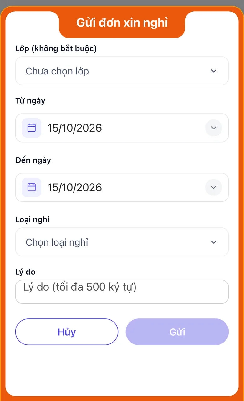 Hộp Gửi đơn xin nghỉ với ô Lớp (không bắt buộc), Loại nghỉ, ngày nghỉ và Lý do