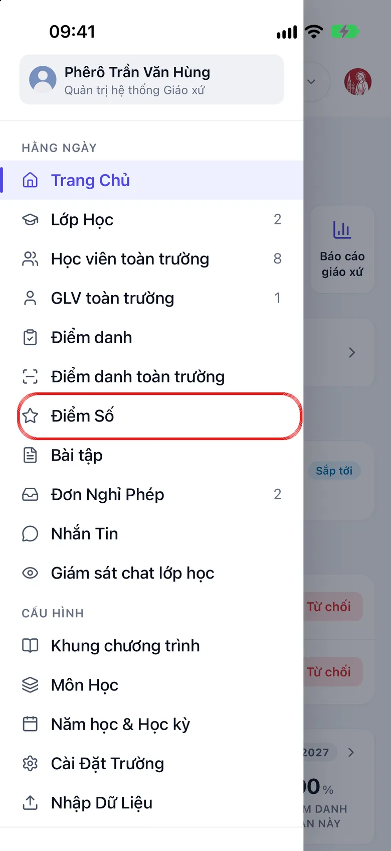 Danh mục bên trái của Lớp Giáo Lý, dòng Điểm Số được khoanh