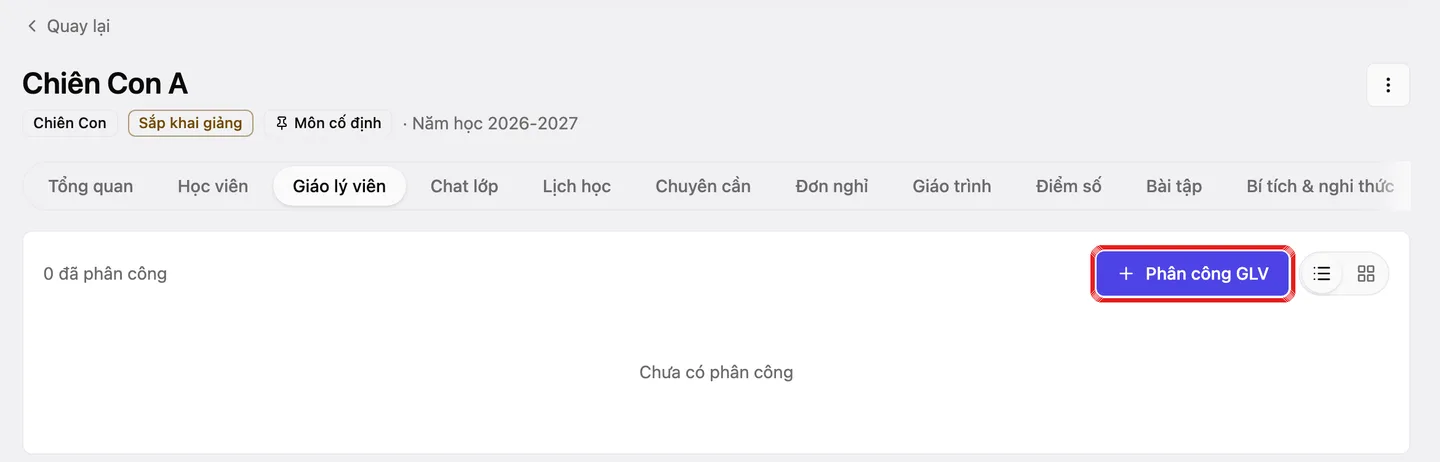 Trang chi tiết một lớp, thẻ «Giáo lý viên» chưa có phân công nào, có nút «Phân công GLV»