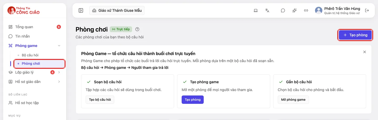 Danh mục bên trái, nhóm Phòng game với dòng Phòng chơi; nút Tạo phòng ở góc trên bên phải