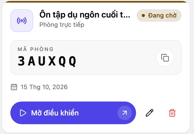 Danh sách phòng chơi, cột Mã phòng và nút Sao chép