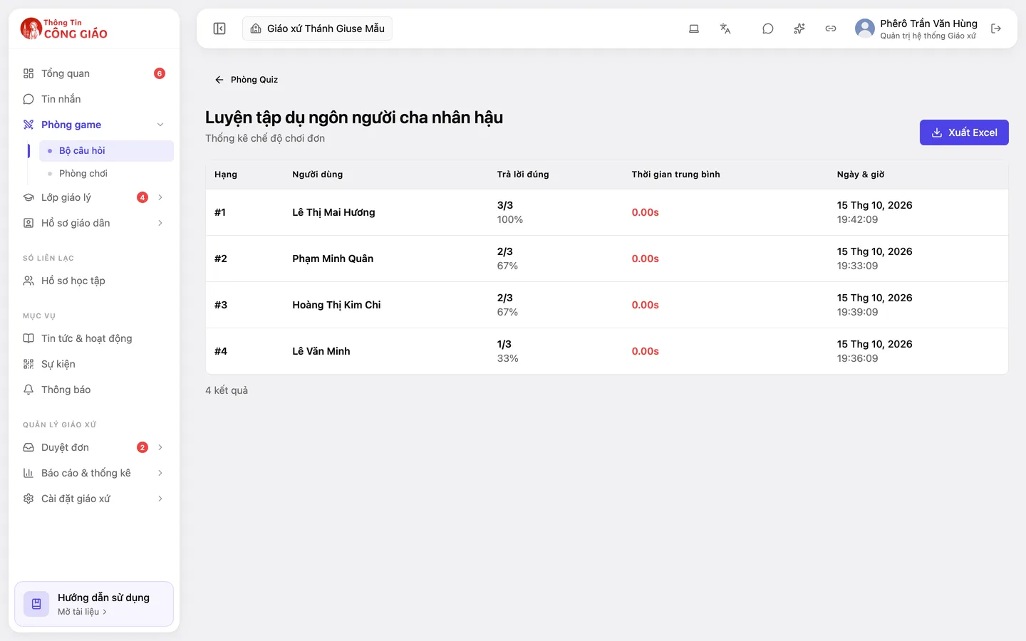 Bảng xếp hạng của phòng tự luyện tập với nút Xuất Excel