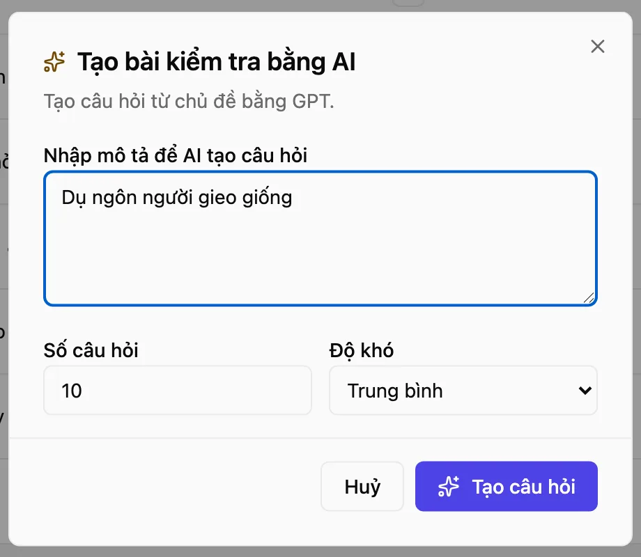 Hộp Tạo câu hỏi quiz với ô chủ đề và nút Tạo câu hỏi