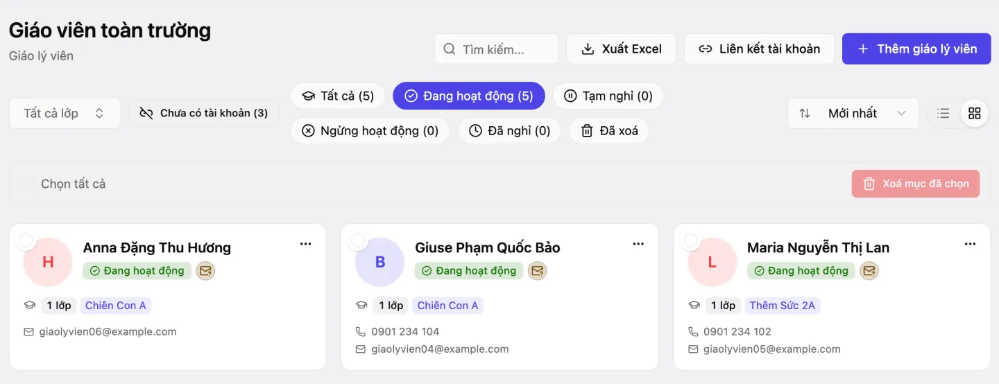 Trang «Giáo viên toàn trường» với ô «Tìm kiếm...», các nút «Xuất Excel», «Liên kết tài khoản», «Thêm giáo lý viên» và bộ lọc trạng thái