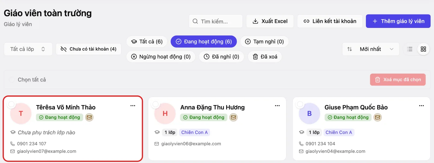 Danh sách «Giáo viên toàn trường» có thẻ người vừa thêm được khoanh, ghi «Chưa phụ trách lớp nào»