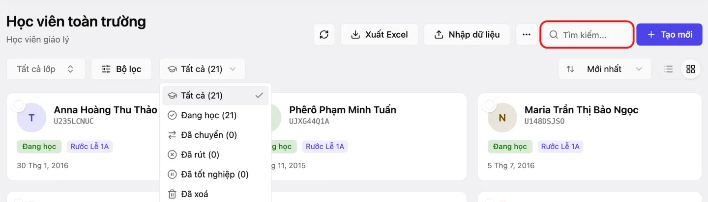 Trang «Học viên toàn trường» với ô «Tìm kiếm...» được khoanh và danh sách trạng thái đang mở: «Tất cả», «Đang học», «Đã chuyển», «Đã rút», «Đã tốt nghiệp», «Đã xoá»