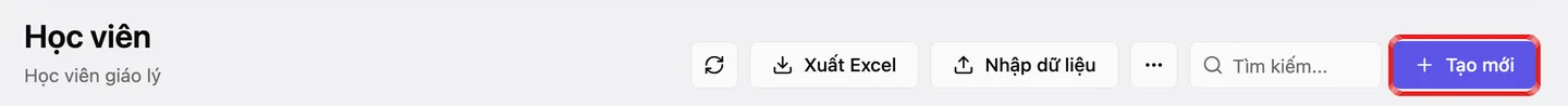 Nút «Tạo mới» ở góc trên bên phải trang «Học viên toàn trường» được khoanh