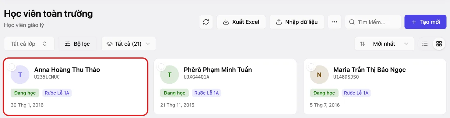 Danh sách «Học viên toàn trường» có em vừa thêm, hiện trạng thái «Đang học»