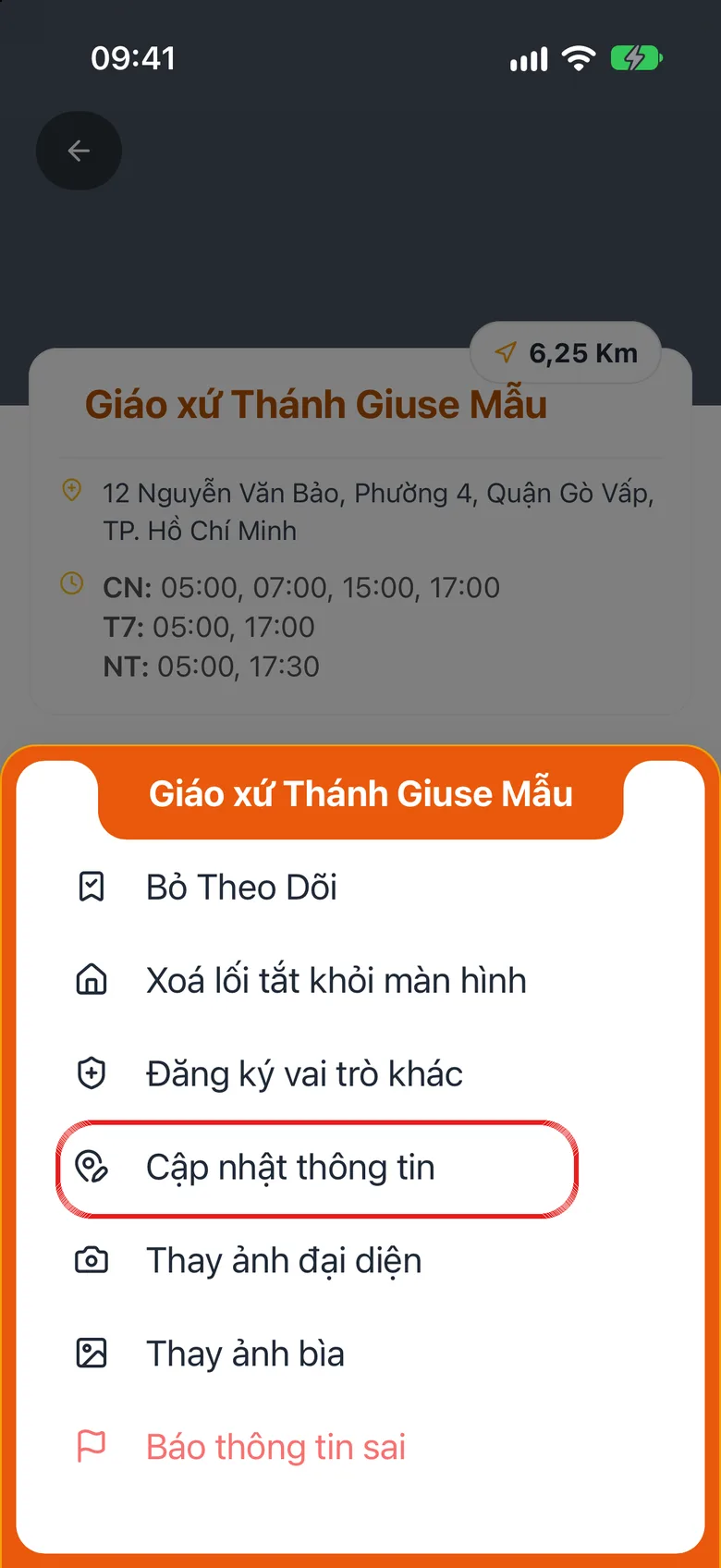 Danh sách thao tác, dòng Cập nhật thông tin được khoanh