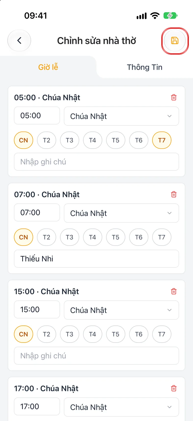 Biểu mẫu cập nhật thông tin nhà thờ, biểu tượng lưu hình đĩa ở góc trên