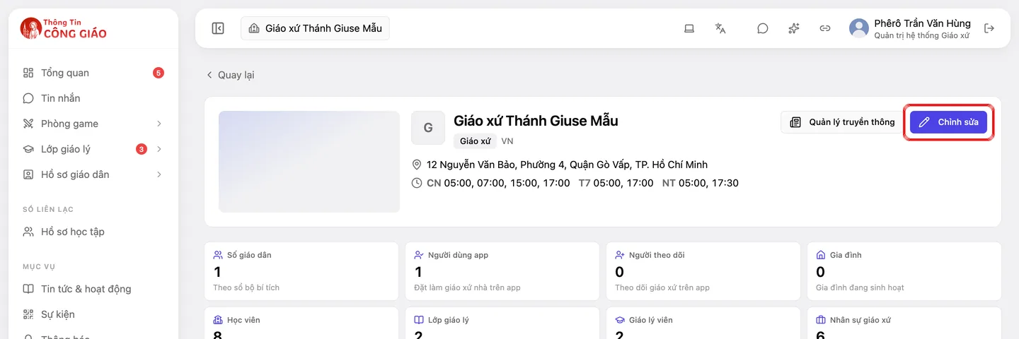 Trang Thông tin giáo xứ với nút Chỉnh sửa ở góc phải phía trên