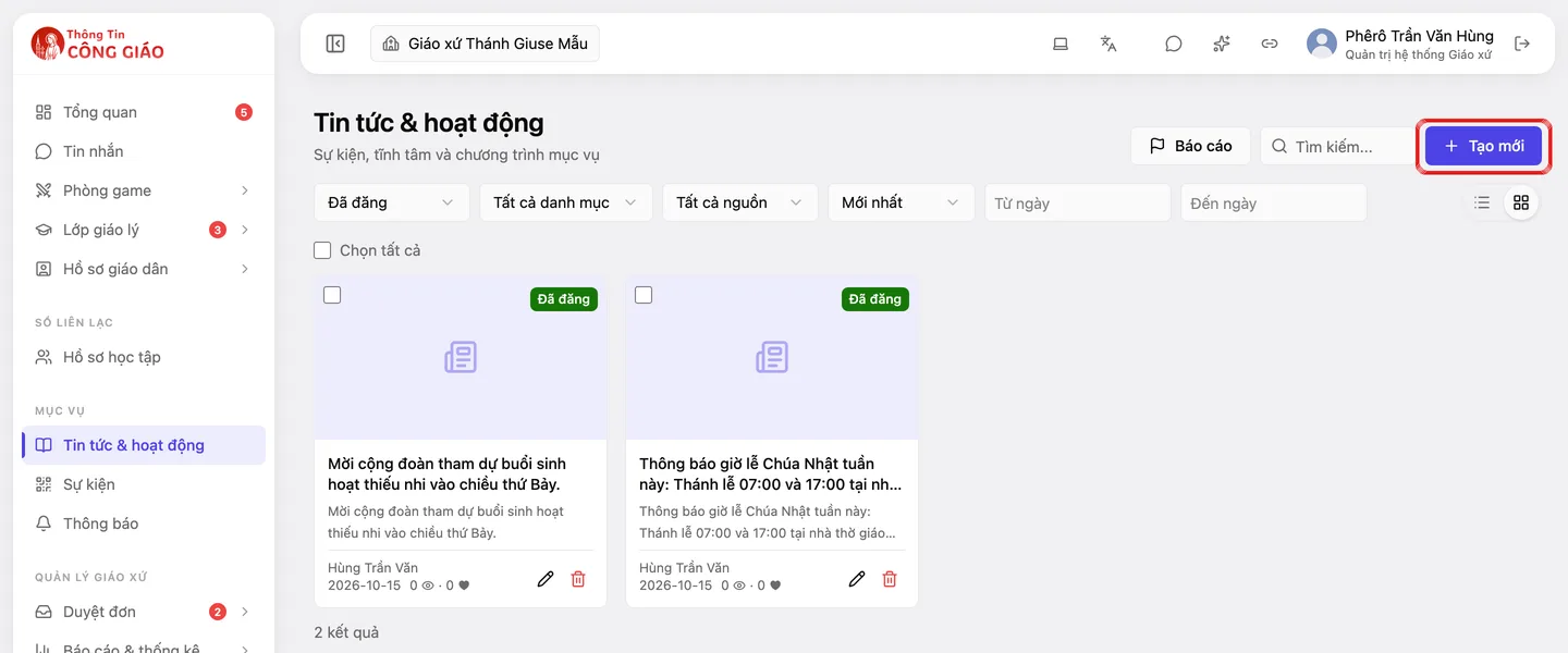 Trang Tin tức & hoạt động với ô Tìm kiếm, bộ lọc và nút Tạo mới được khoanh