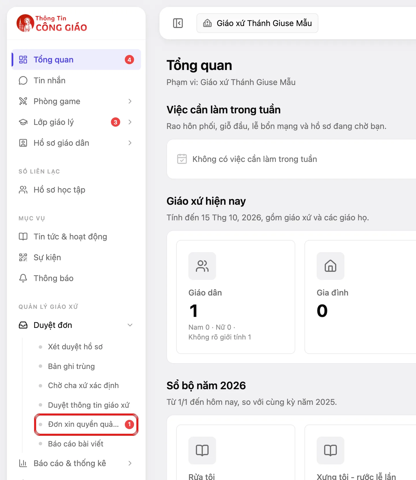 Danh mục bên trái, nhóm Duyệt đơn mở ra, dòng Đơn xin quyền quản trị được khoanh