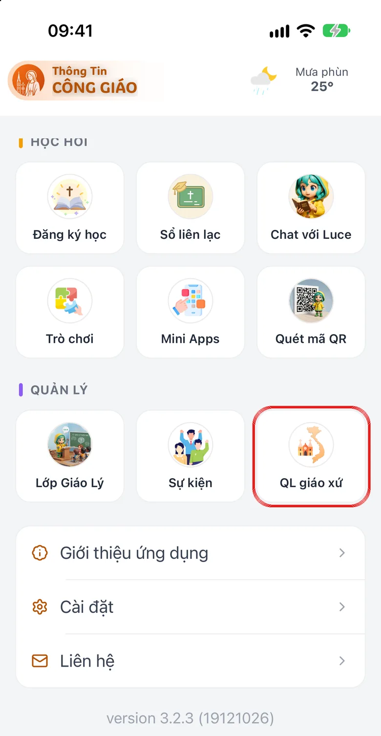 Trang Danh mục, ô QL giáo xứ được khoanh