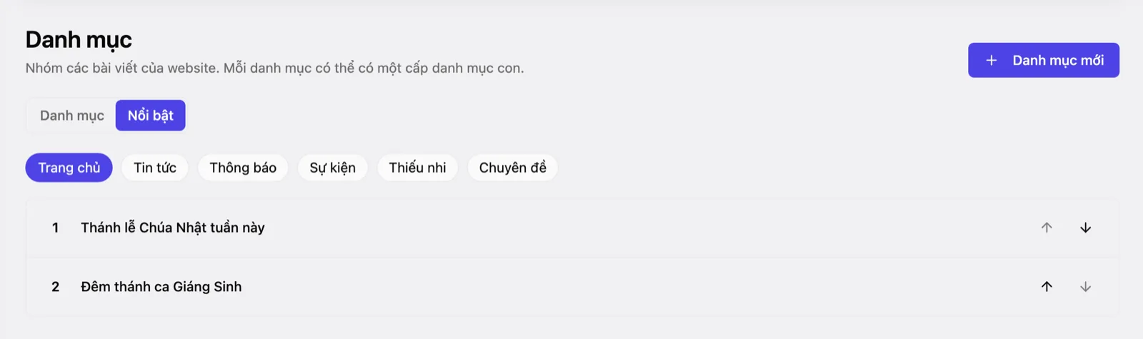 Tab «Nổi bật» của trang Danh mục: chọn Trang chủ, danh sách hai bài nổi bật theo thứ tự với mũi tên lên, xuống