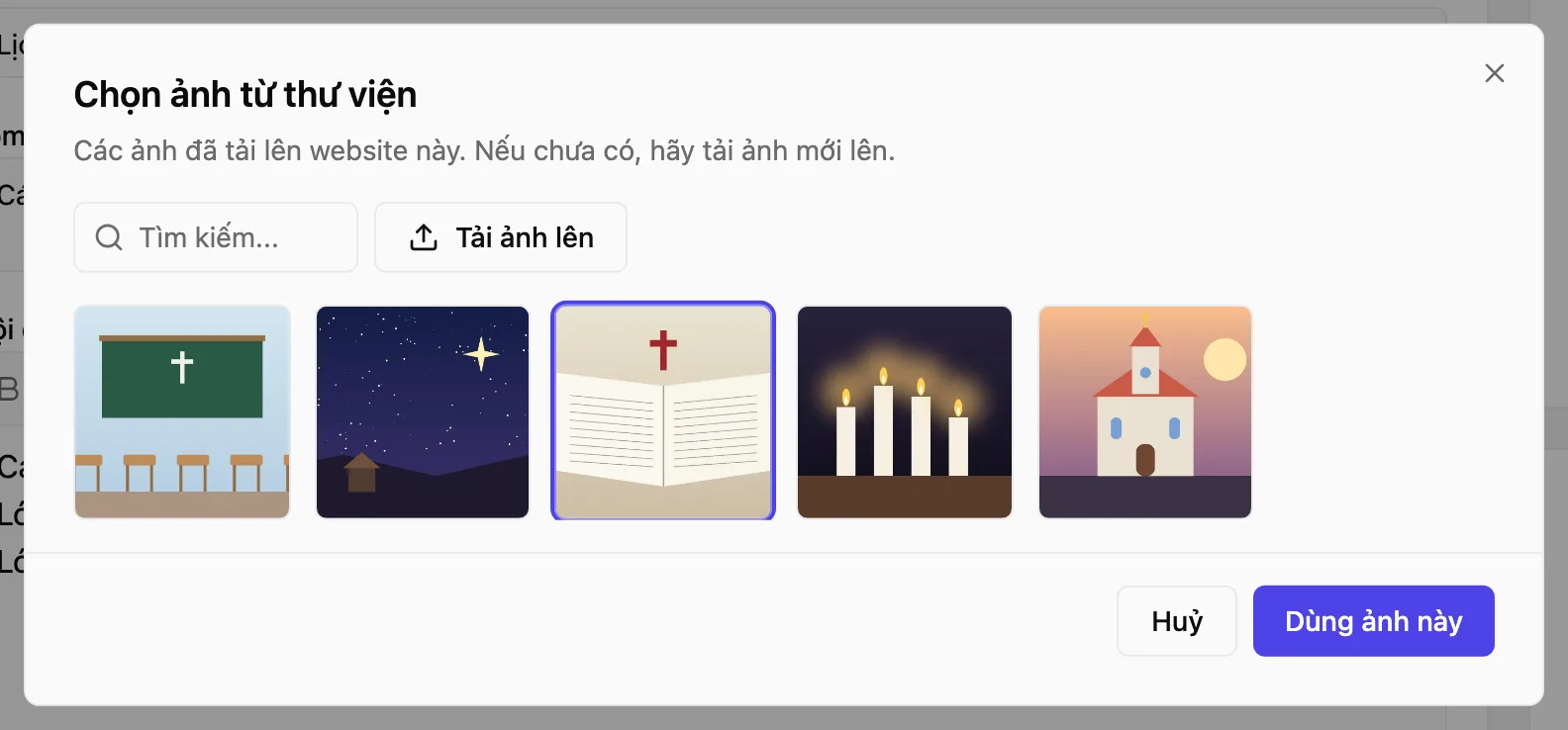 Hộp «Chọn ảnh từ thư viện» với một ảnh đang chọn và nút «Dùng ảnh này»