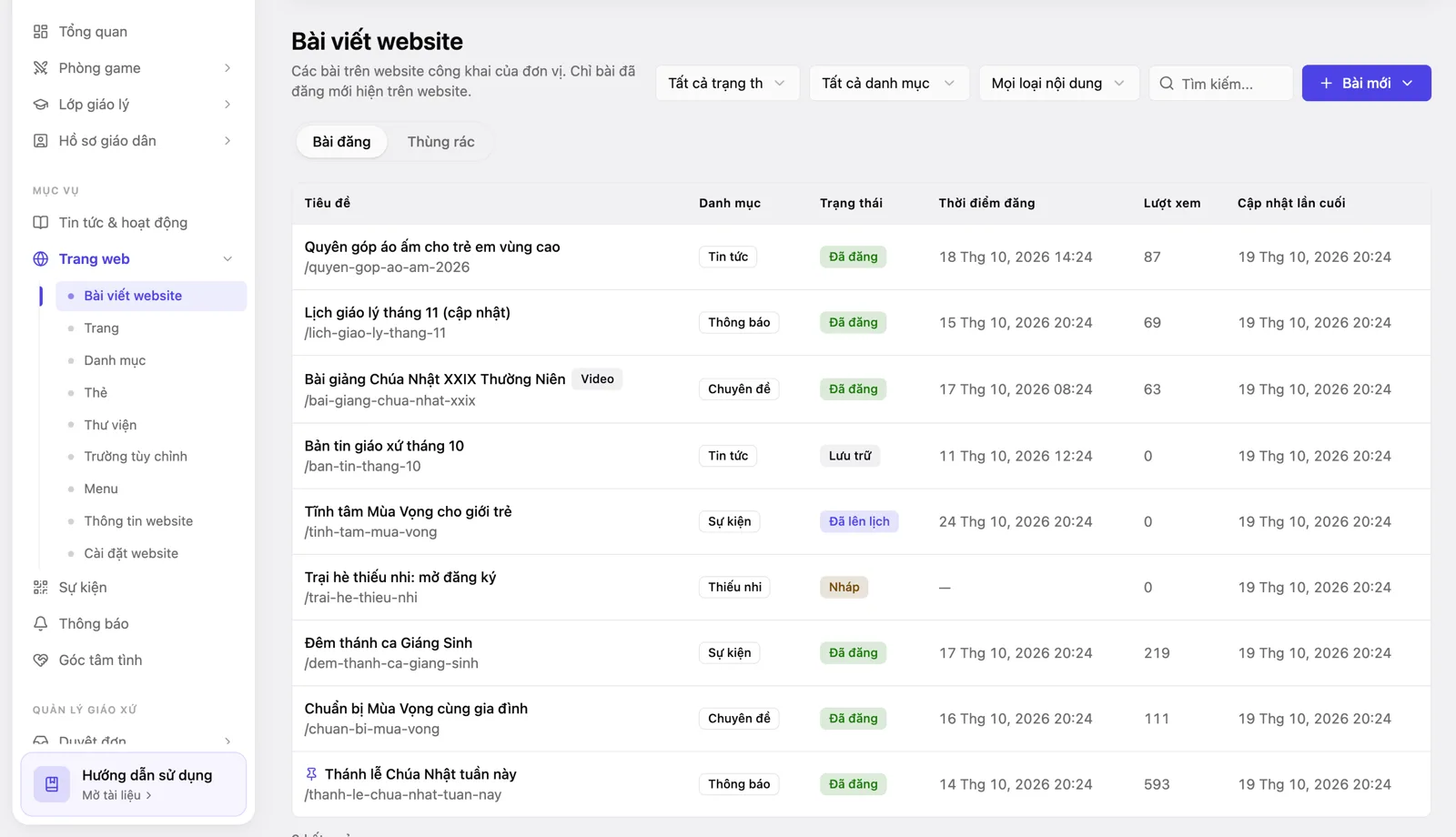 Danh sách «Bài viết website» với các cột Tiêu đề, Danh mục, Trạng thái, Thời điểm đăng, Lượt xem; bên trái là nhóm «Trang web»