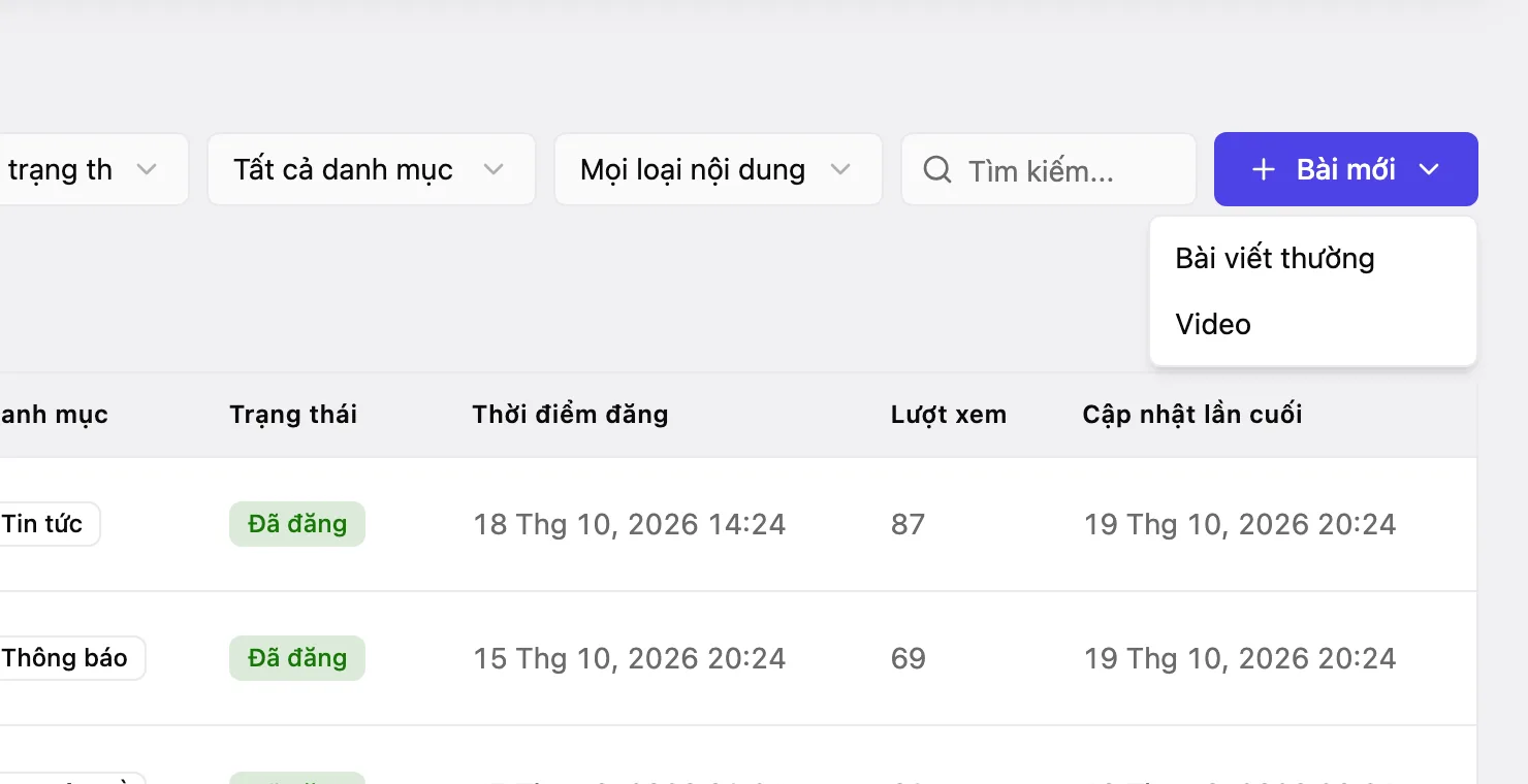 Nút «Bài mới» đang mở danh sách chọn «Bài viết thường» hoặc «Video»