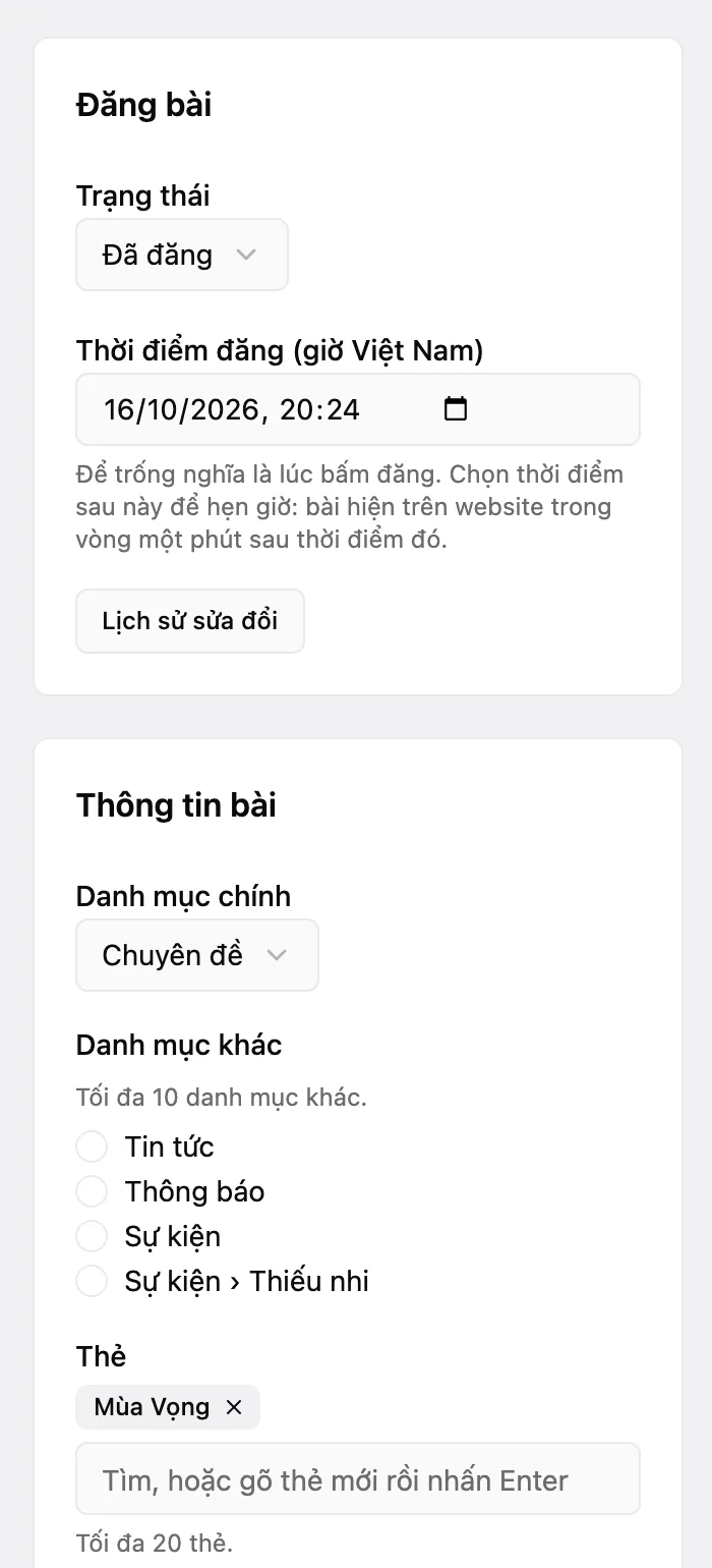 Khung «Đăng bài» với ô Trạng thái, Thời điểm đăng (giờ Việt Nam) và nút «Lịch sử sửa đổi»; bên dưới là khung «Thông tin bài»