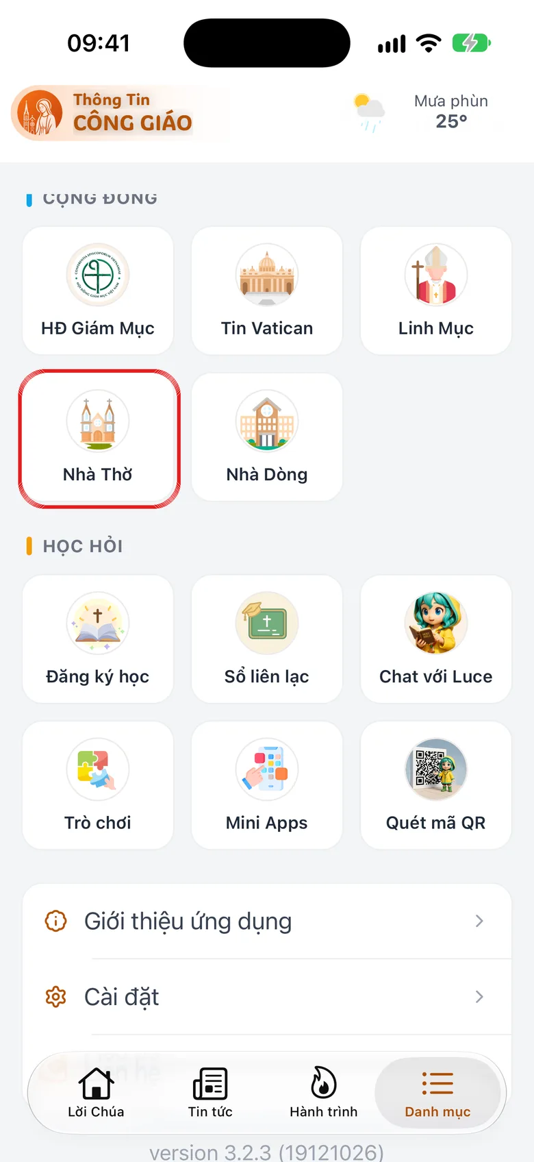 Trang Danh mục của ứng dụng, mục Nhà Thờ được khoanh